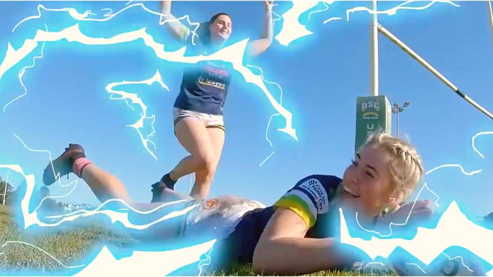 Recruitment video production 3 Women playing in rugby game surrounded with graphic lightning