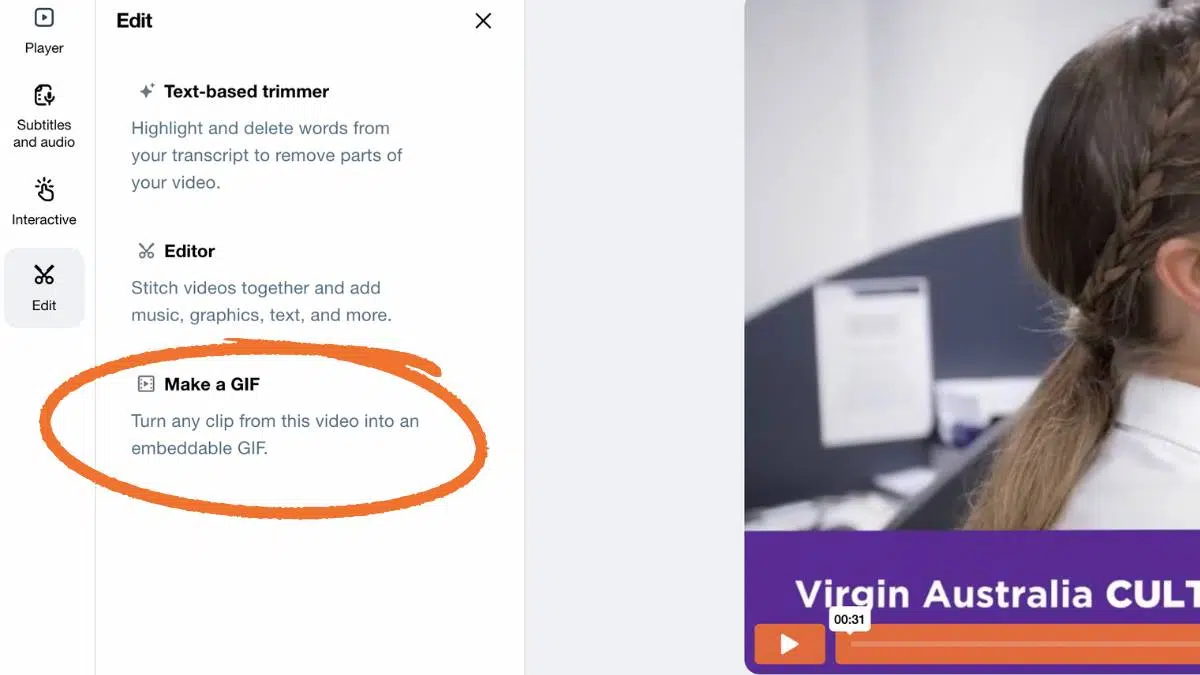 Select-make-a-gif Circle showing where to select 'make a gif' next to vimeo video